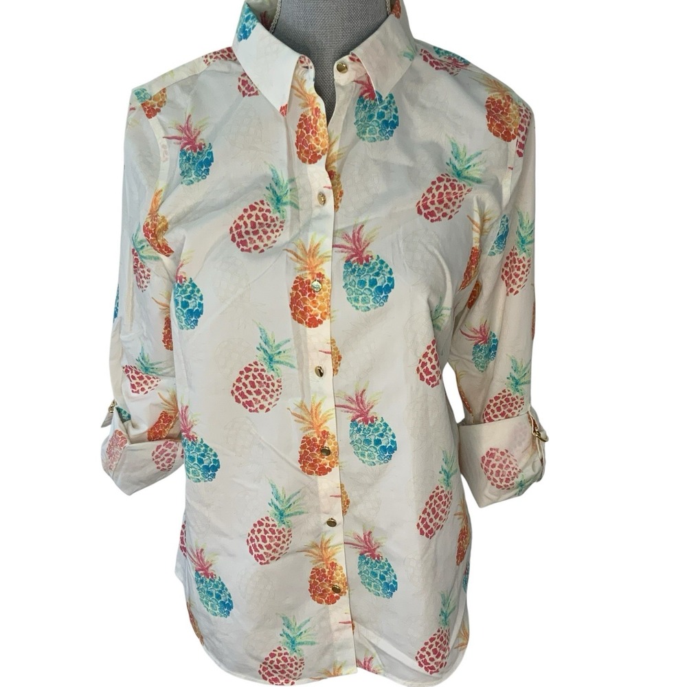 Chicos No Iron Button Up Shirt Top Cotton Sz 1 Medium Pineapple Tropical Coastal